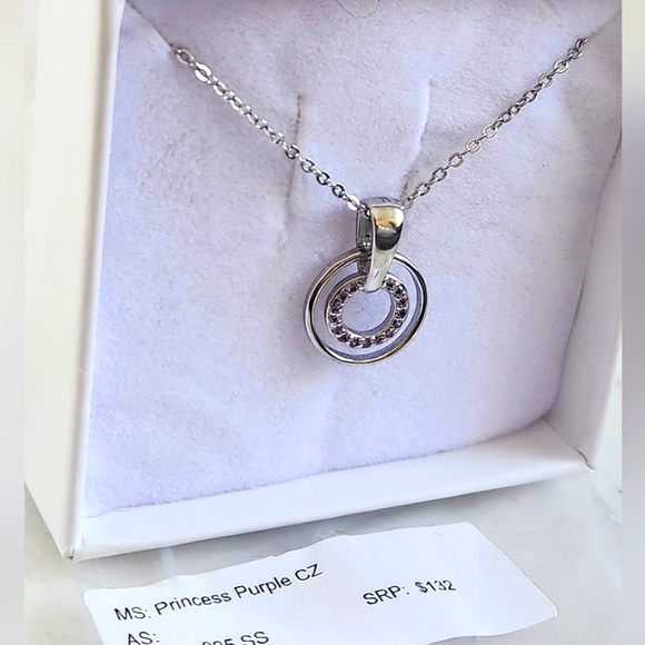 NWT Ryze Princess Purple CZ .925 Sterling Silver Double Circle Necklace - Picture 6 of 7